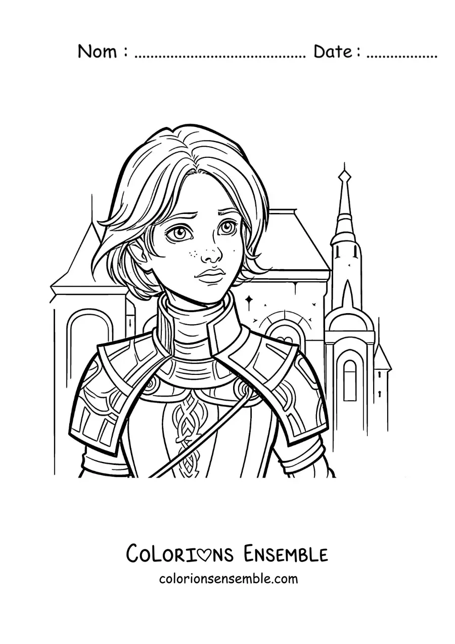 Image à colorier de Jeanne d'Arc en dessin animé, style comics, au cœur d'une bataille