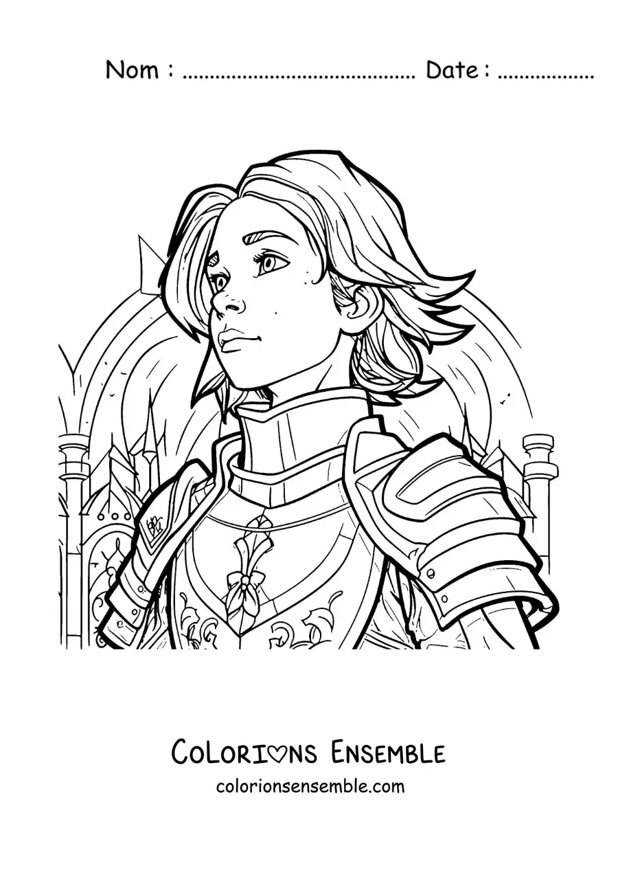 Image à colorier de Jeanne d'Arc en dessin animé, vêtue de son armure
