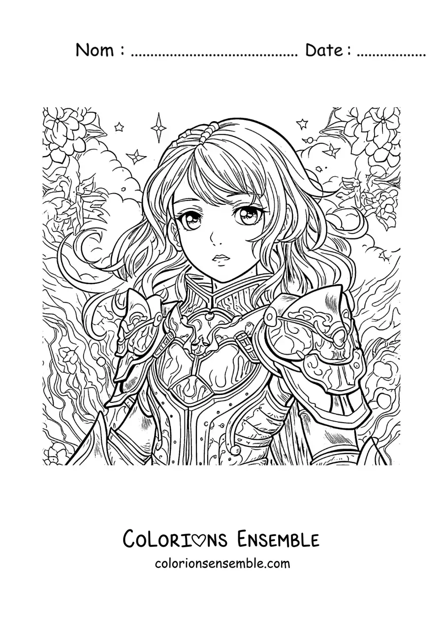 Image à colorier de sainte Jeanne d'Arc en dessin animé, style manga
