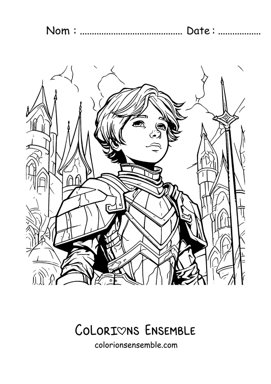 Image à colorier de sainte Jeanne d'Arc en dessin animé, style comics, au cœur d'une bataille