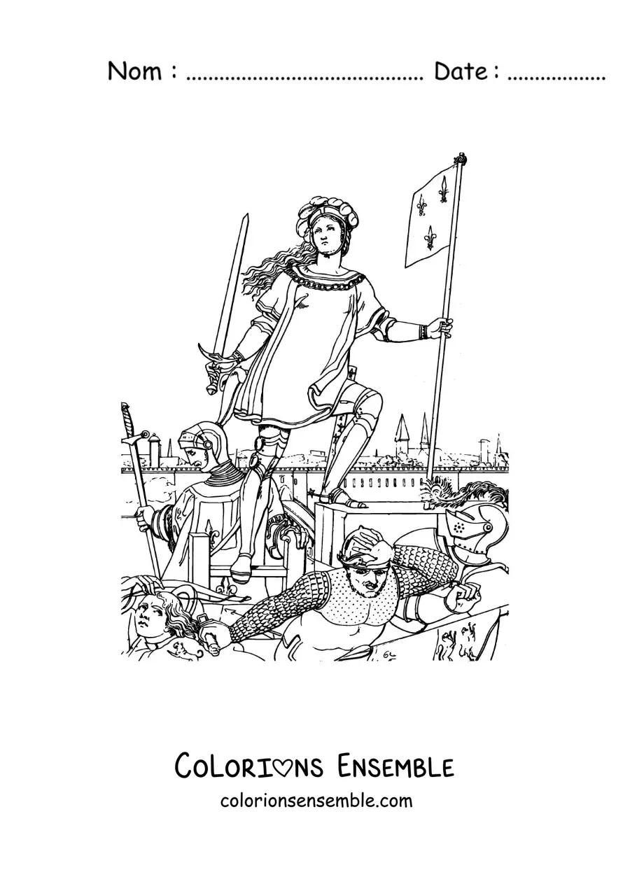 Image à colorier de sainte Jeanne d'Arc au cœur d'une bataille