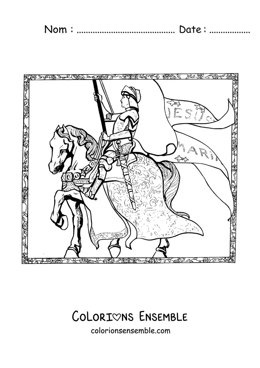 Image à colorier de Jeanne d'Arc montée sur son cheval