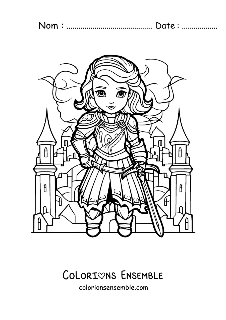 Image à colorier de Jeanne d'Arc kawaii, son épée à la main, au cœur d'une bataille