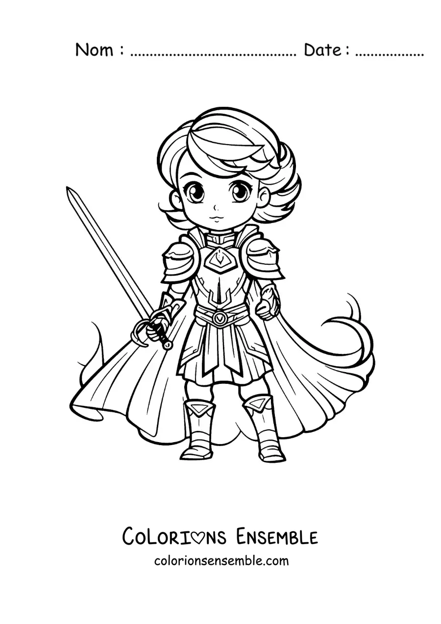 Image à colorier de Jeanne d'Arc kawaii, son épée à la main
