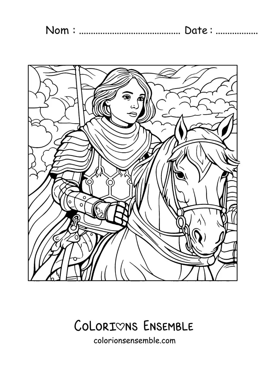 Image à colorier de Jeanne d'Arc en dessin animé, avec son cheval