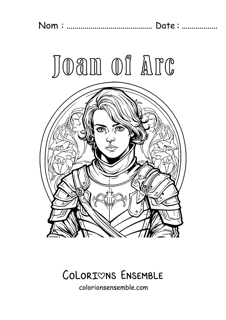 Image à colorier de Jeanne d'Arc en dessin animé, avec son nom