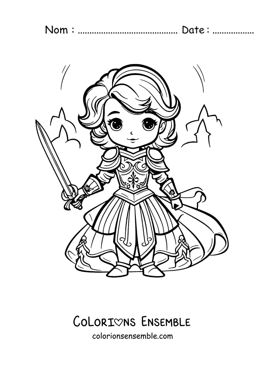 Image à colorier de sainte Jeanne d'Arc kawaii