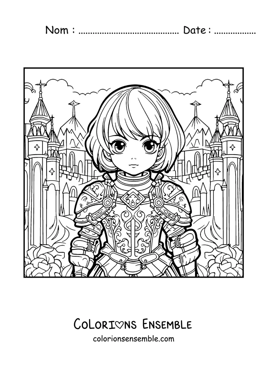 Image à colorier de sainte Jeanne d'Arc kawaii, style manga