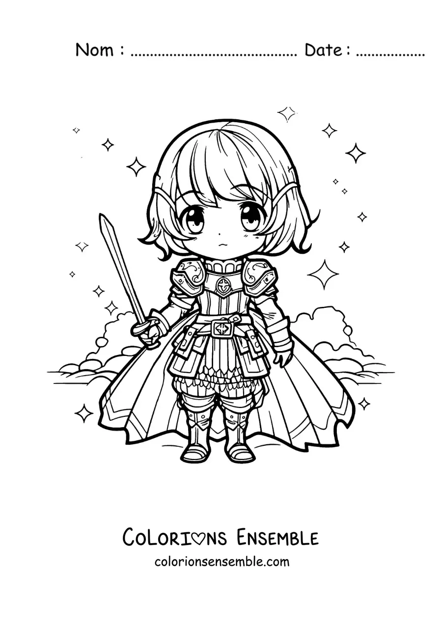 Image à colorier de sainte Jeanne d'Arc kawaii, style chibi