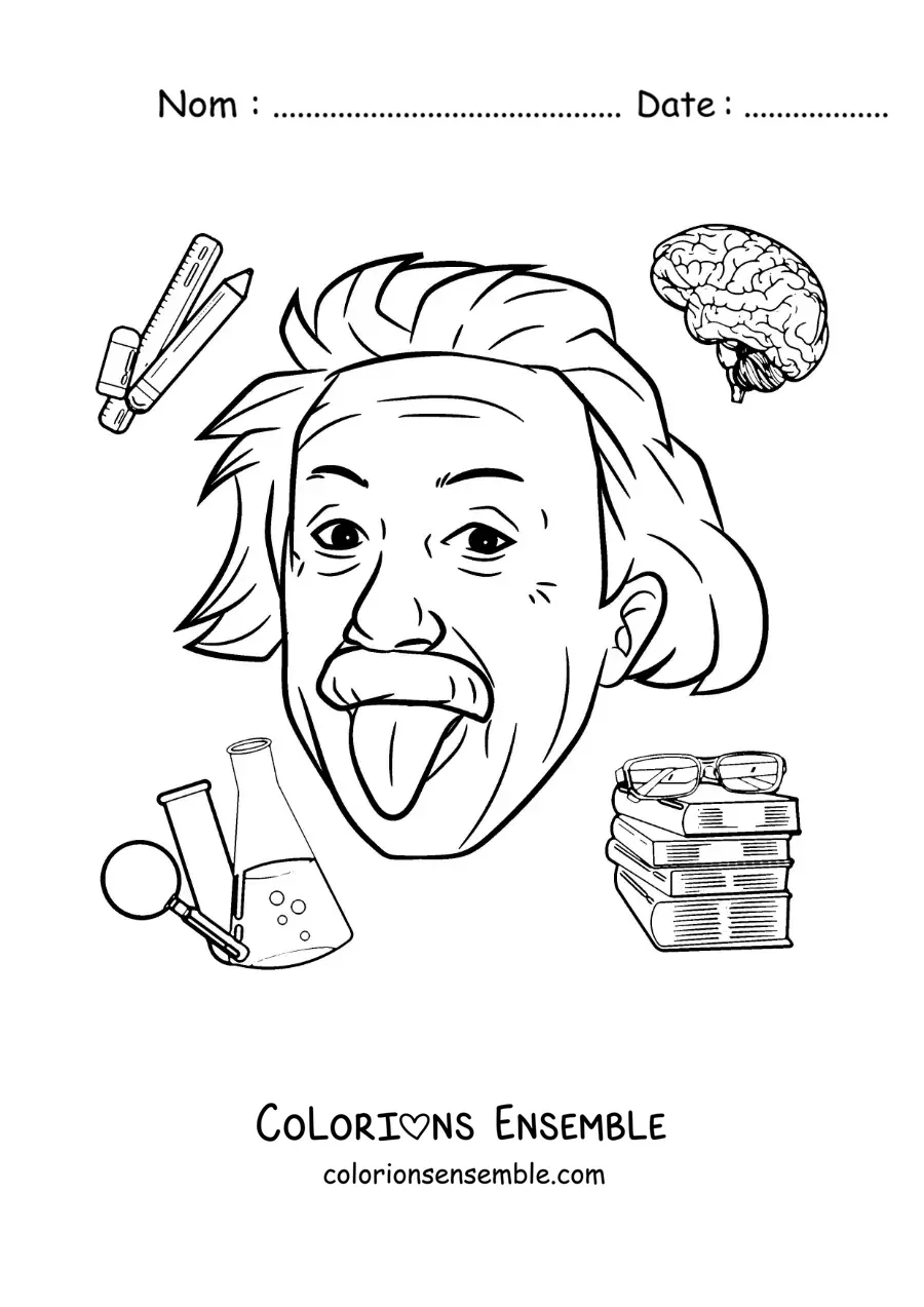 Image à colorier du scientifique Albert Einstein en dessin animé, tirant la langue