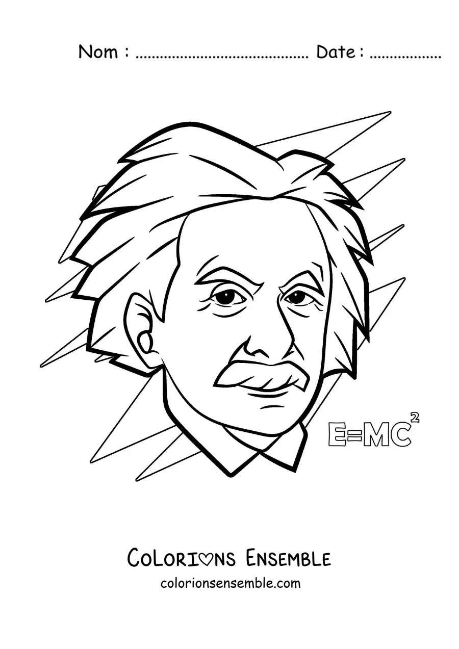 Image à colorier du scientifique Albert Einstein en dessin animé, avec une formule de physique