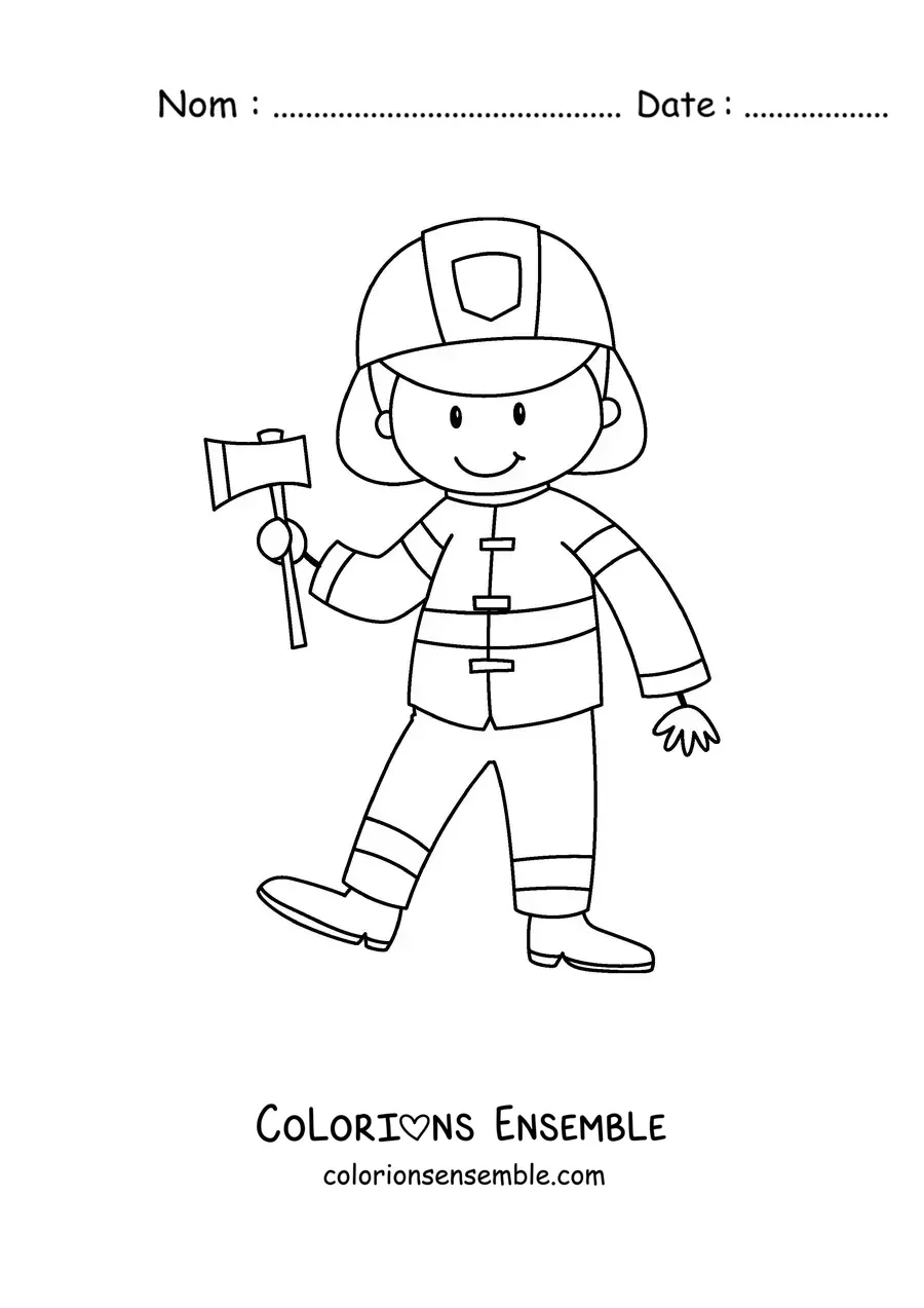Image à colorier d’un pompier en dessin animé tenant une hache