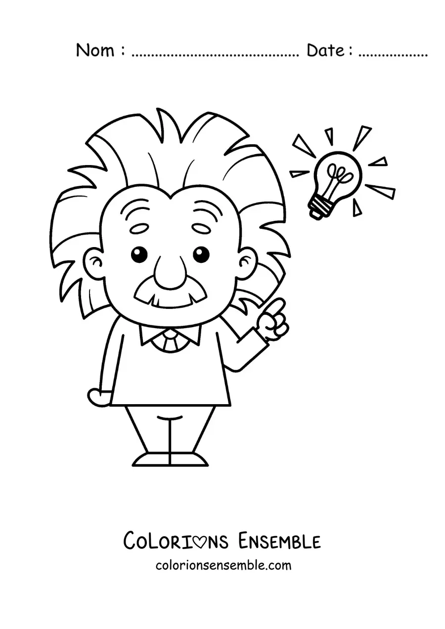 Image à colorier d'Albert Einstein en dessin animé, facile, avec une ampoule