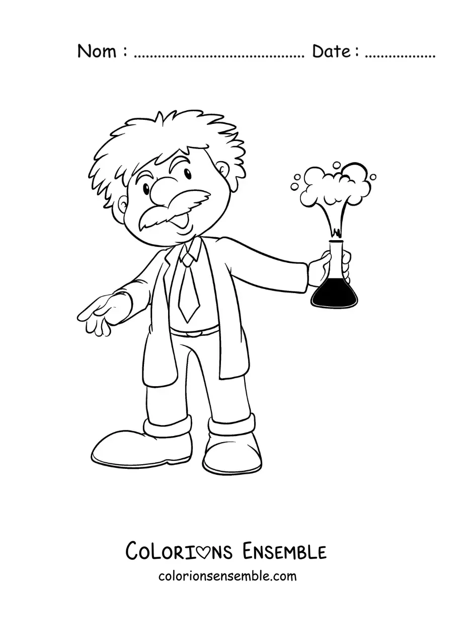 Image à colorier du physicien Albert Einstein en dessin animé, vêtu d'une blouse de laboratoire