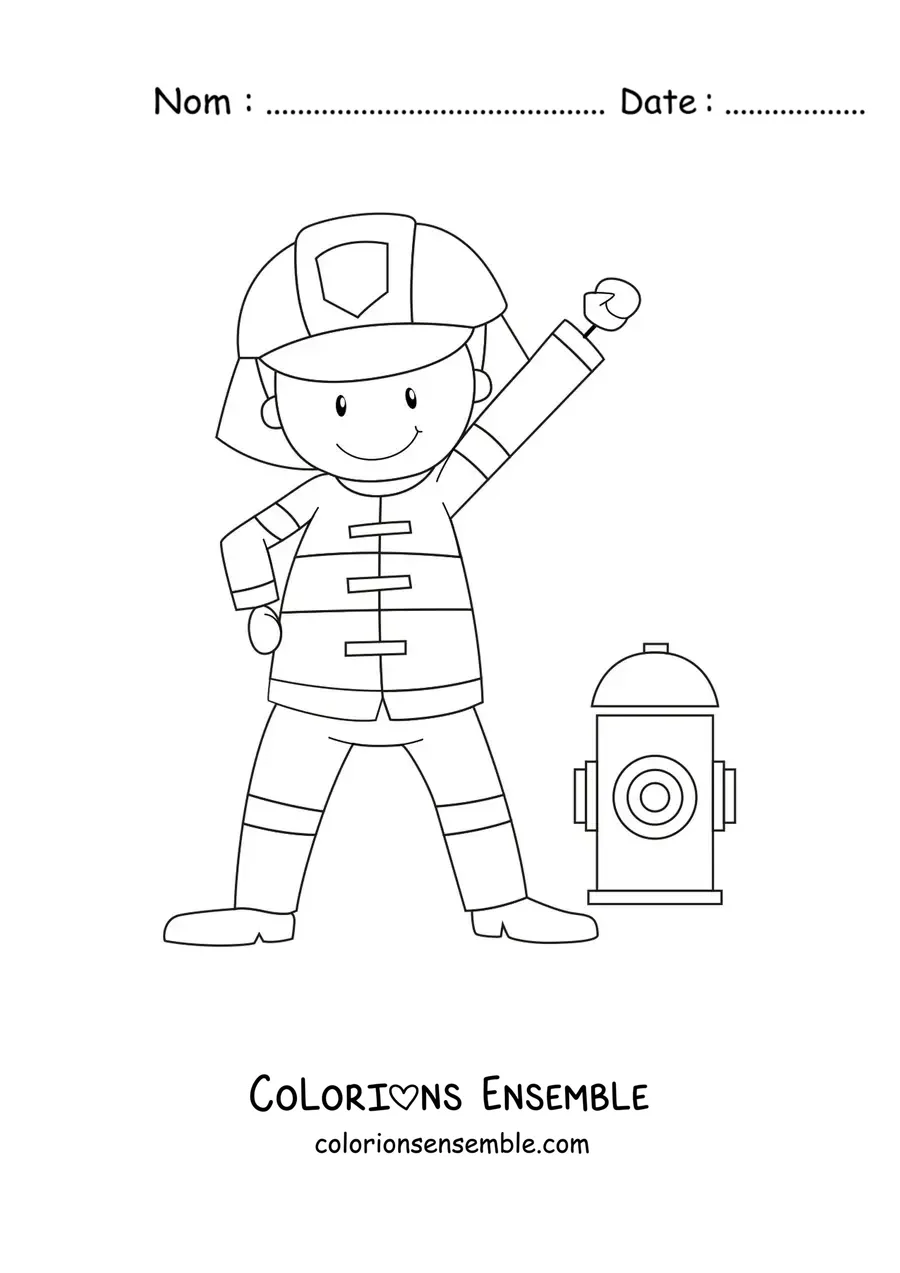 Image à colorier d’un pompier souriant en dessin animé à côté d’une bouche d’incendie
