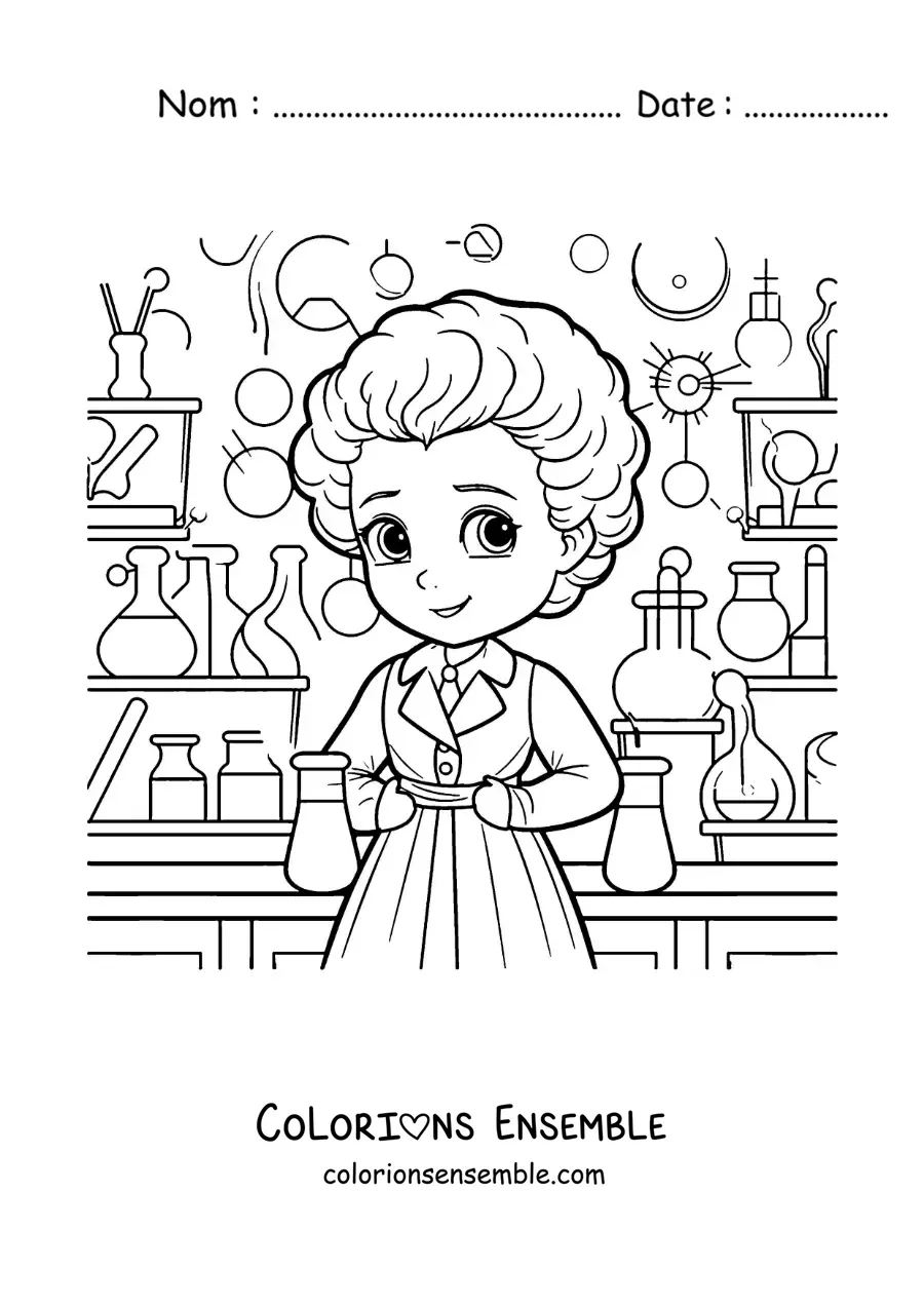 Image à colorier de Marie Curie en dessin animé, dans son laboratoire, pour les enfants