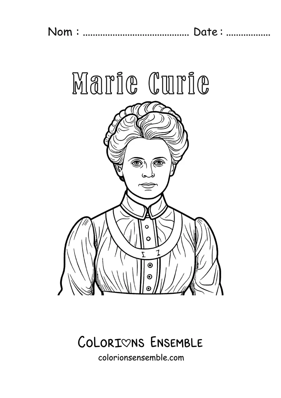 Image à colorier de Marie Curie en dessin animé, avec son nom