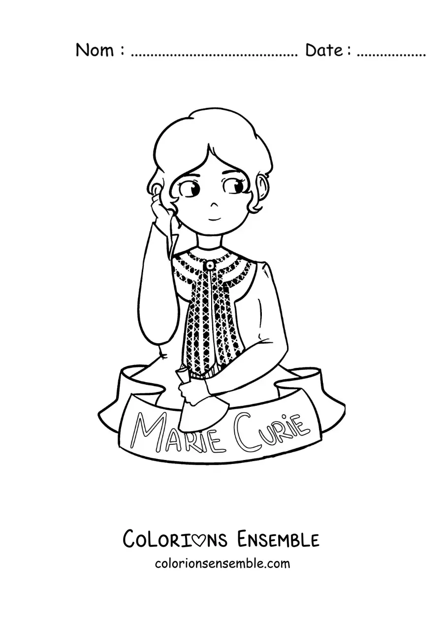 Image à colorier de Marie Curie en dessin animé, pour les enfants