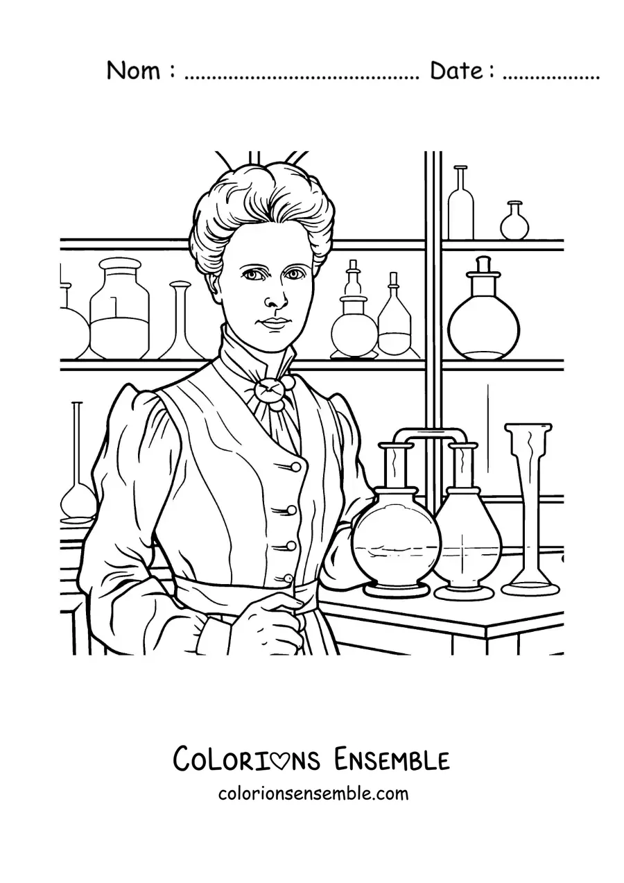 Image à colorier de Marie Curie en dessin animé, dans son laboratoire de chimie