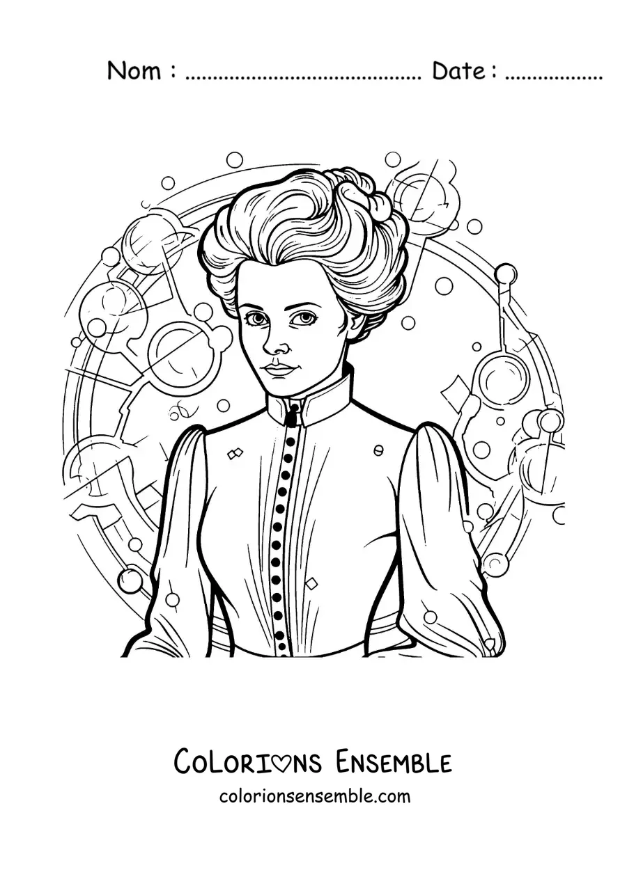 Image à colorier de la scientifique Marie Curie en dessin animé