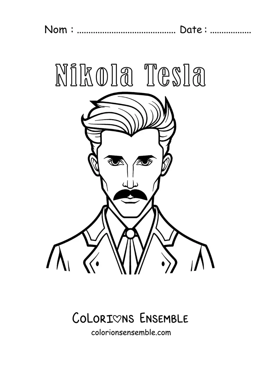 Image à colorier de Nikola Tesla en dessin animé, avec son nom