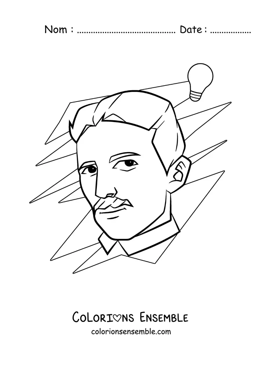 Image à colorier de Nikola Tesla et d'une ampoule alimentée par du courant alternatif