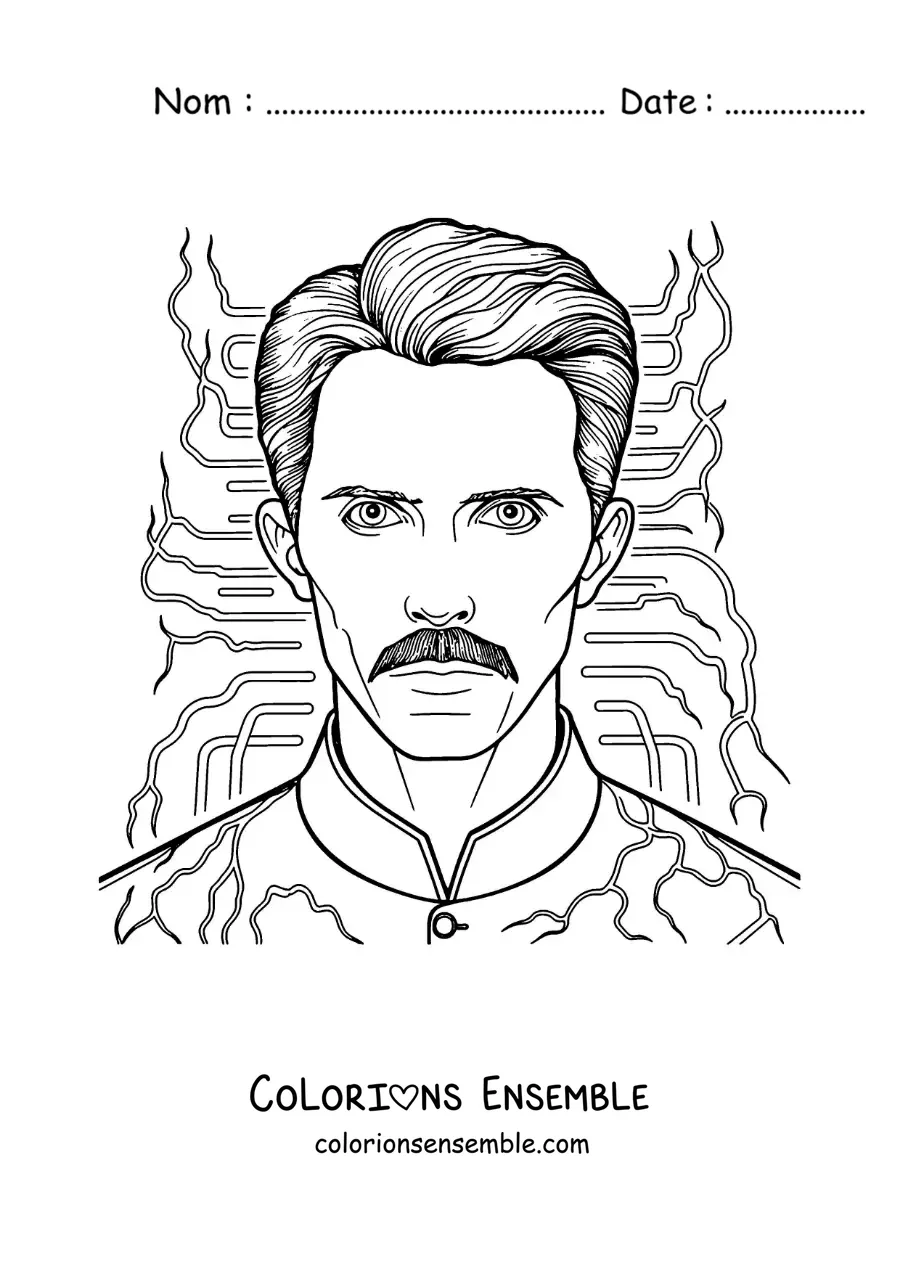 Image à colorier de Nikola Tesla entouré d'éclairs de courant alternatif