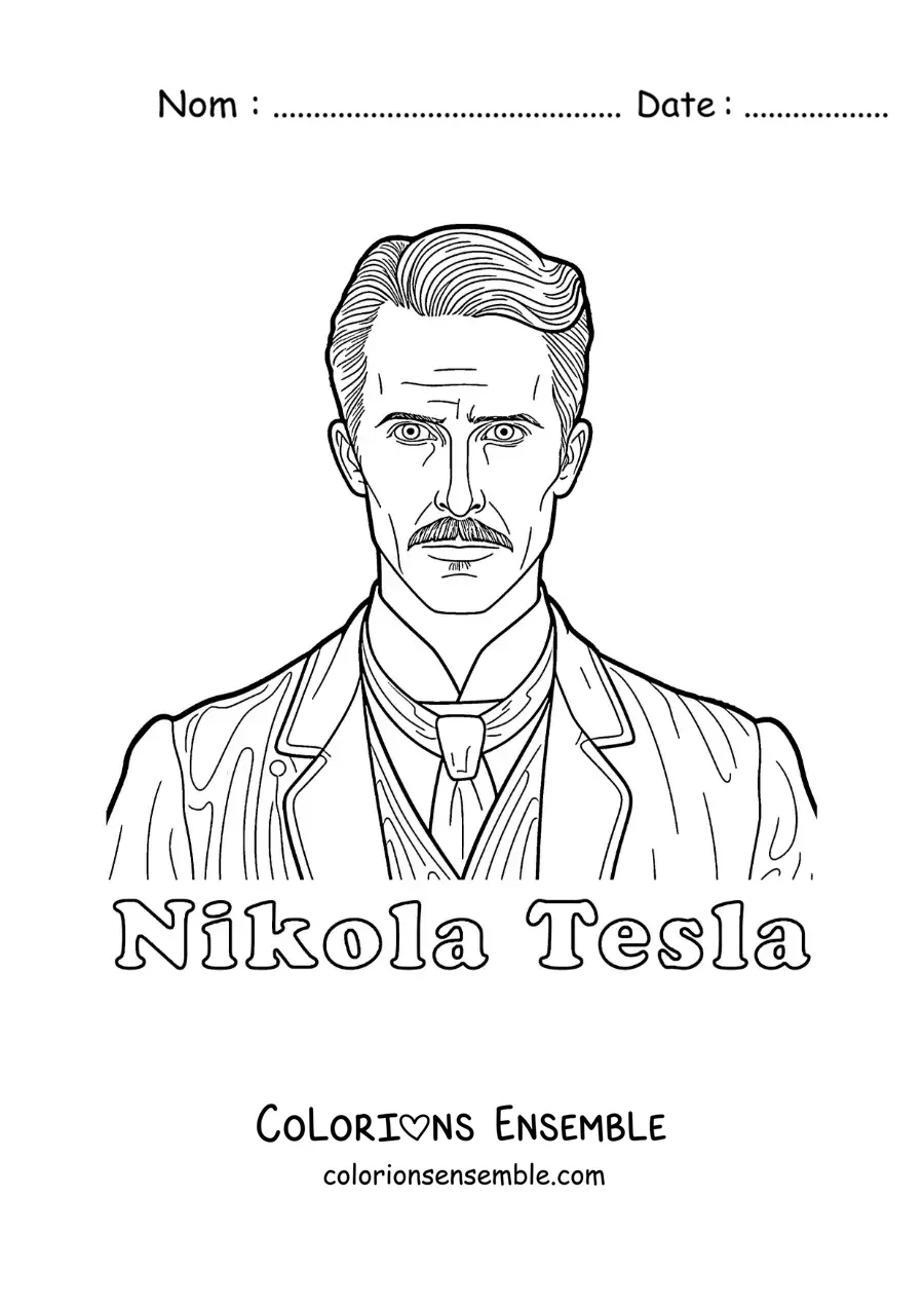 Image à colorier d'un portrait de Nikola Tesla avec son nom