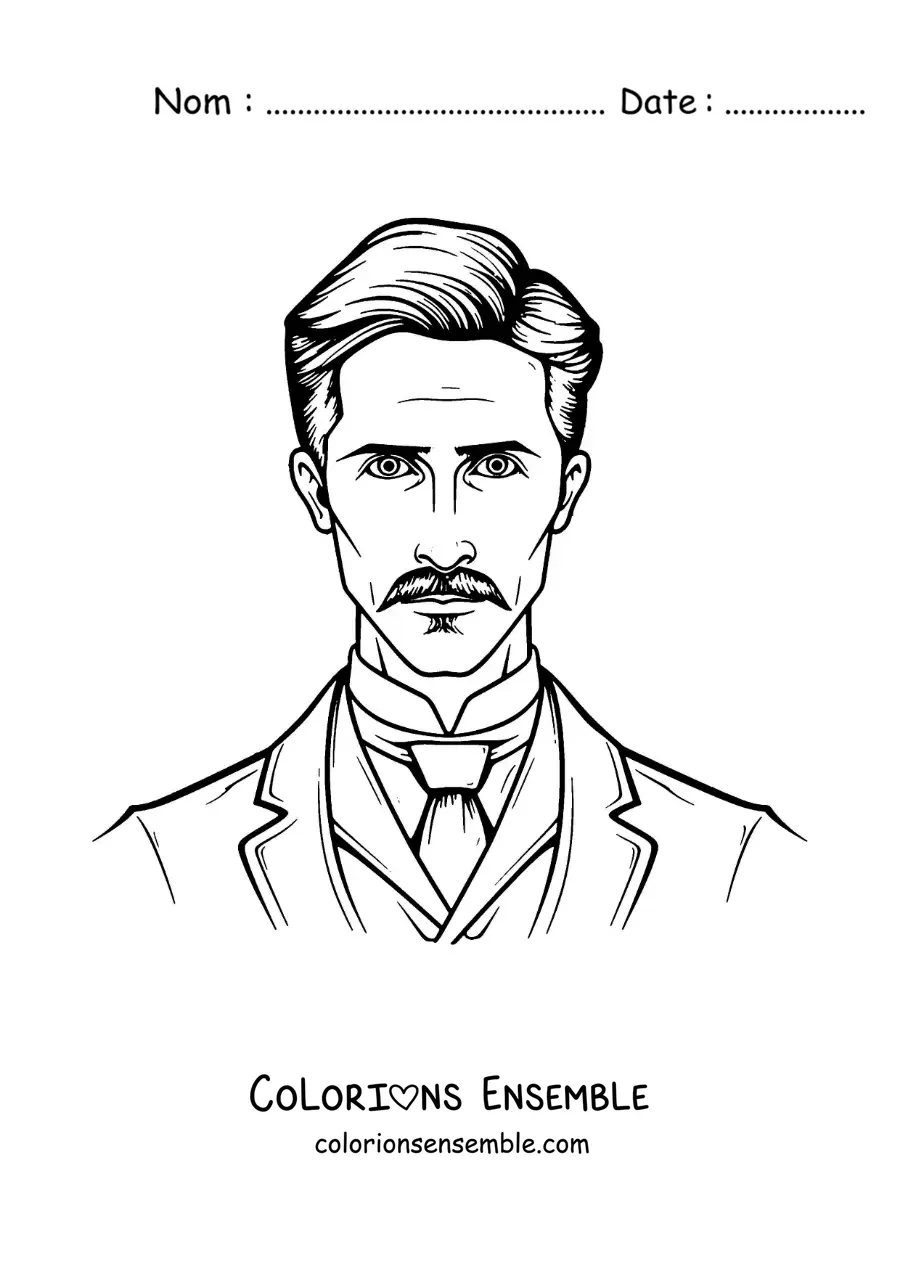 Image à colorier d'un portrait de Nikola Tesla en dessin animé