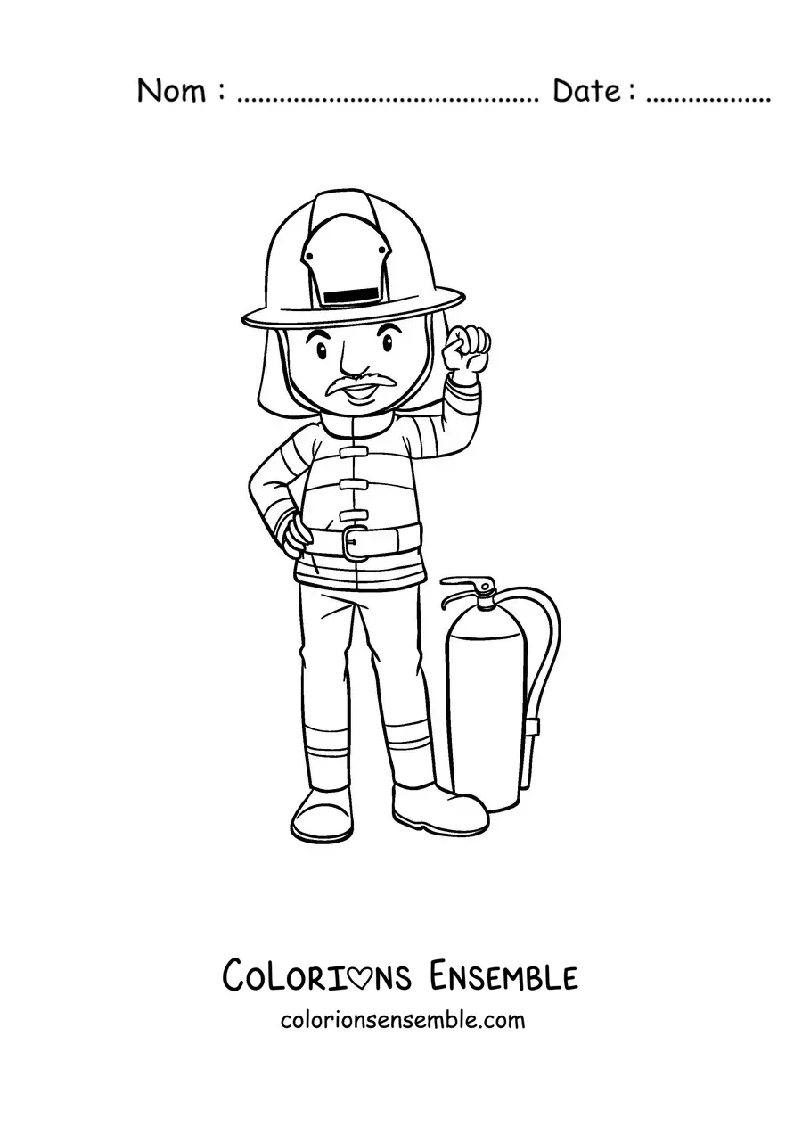 Image à colorier d’un pompier en uniforme à côté d’un extincteur