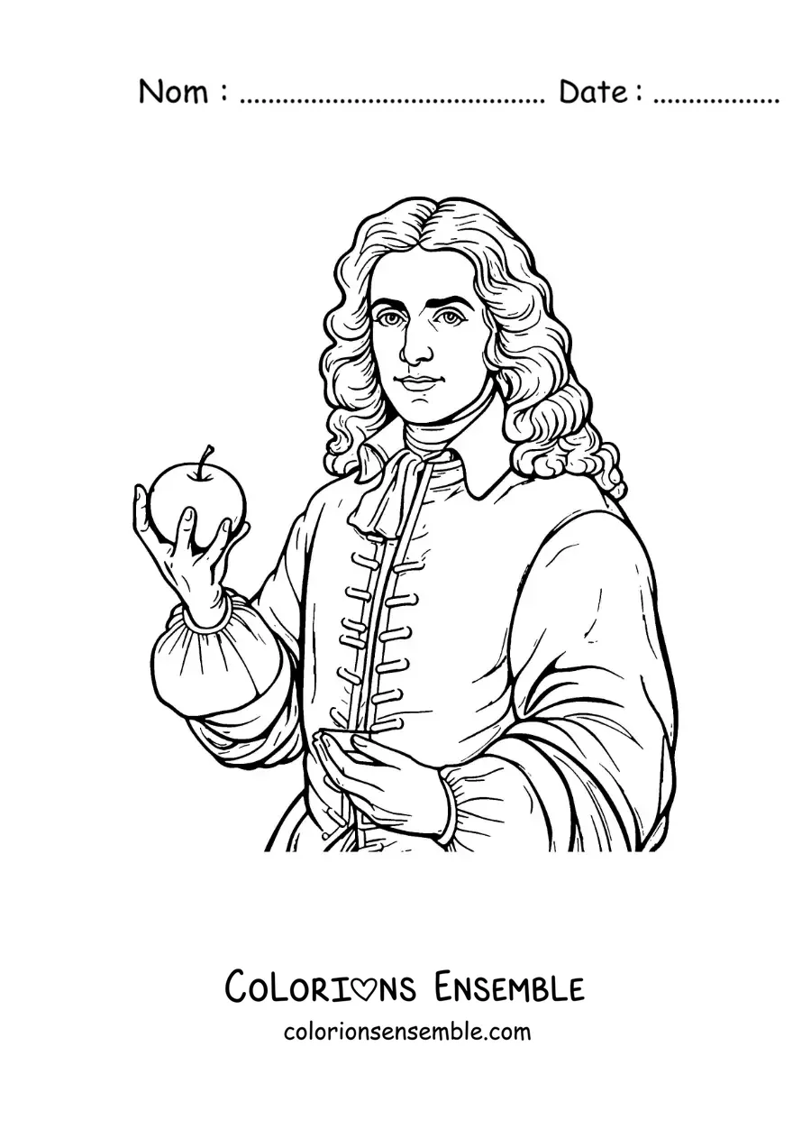 Image à colorier d'un portrait d'Isaac Newton avec une pomme