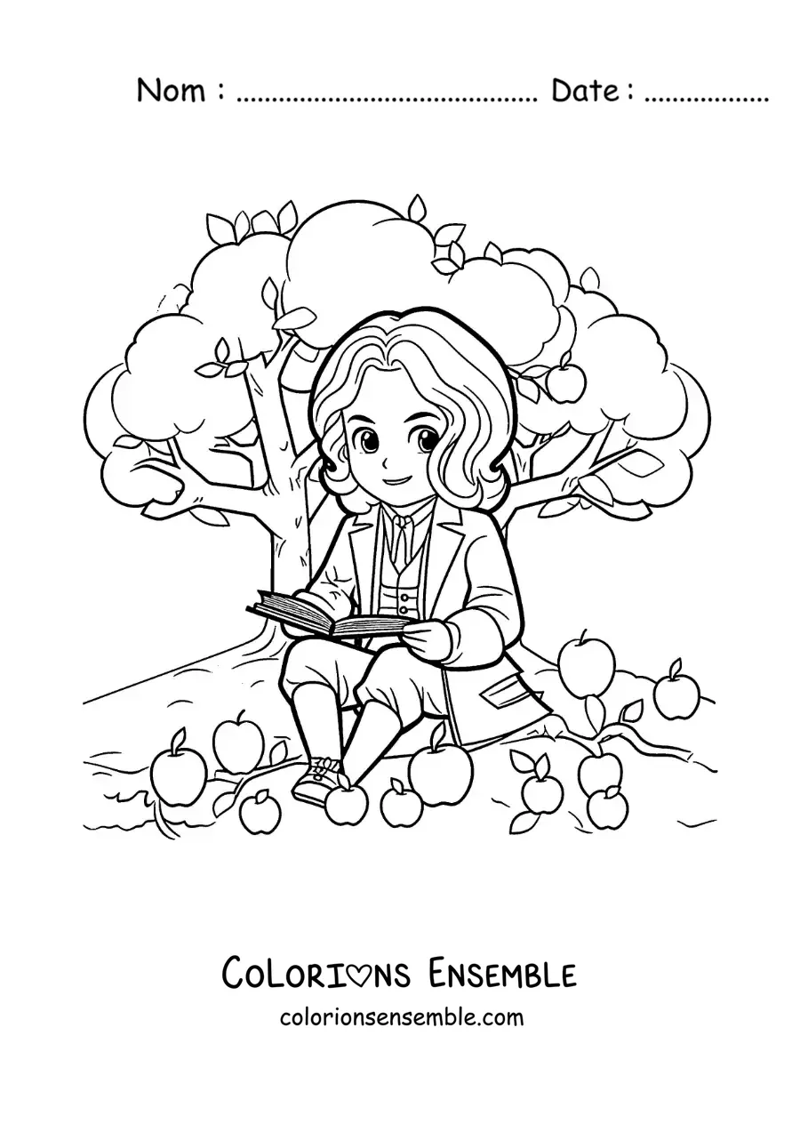 Image à colorier d'Isaac Newton en dessin animé, lisant sous un pommier