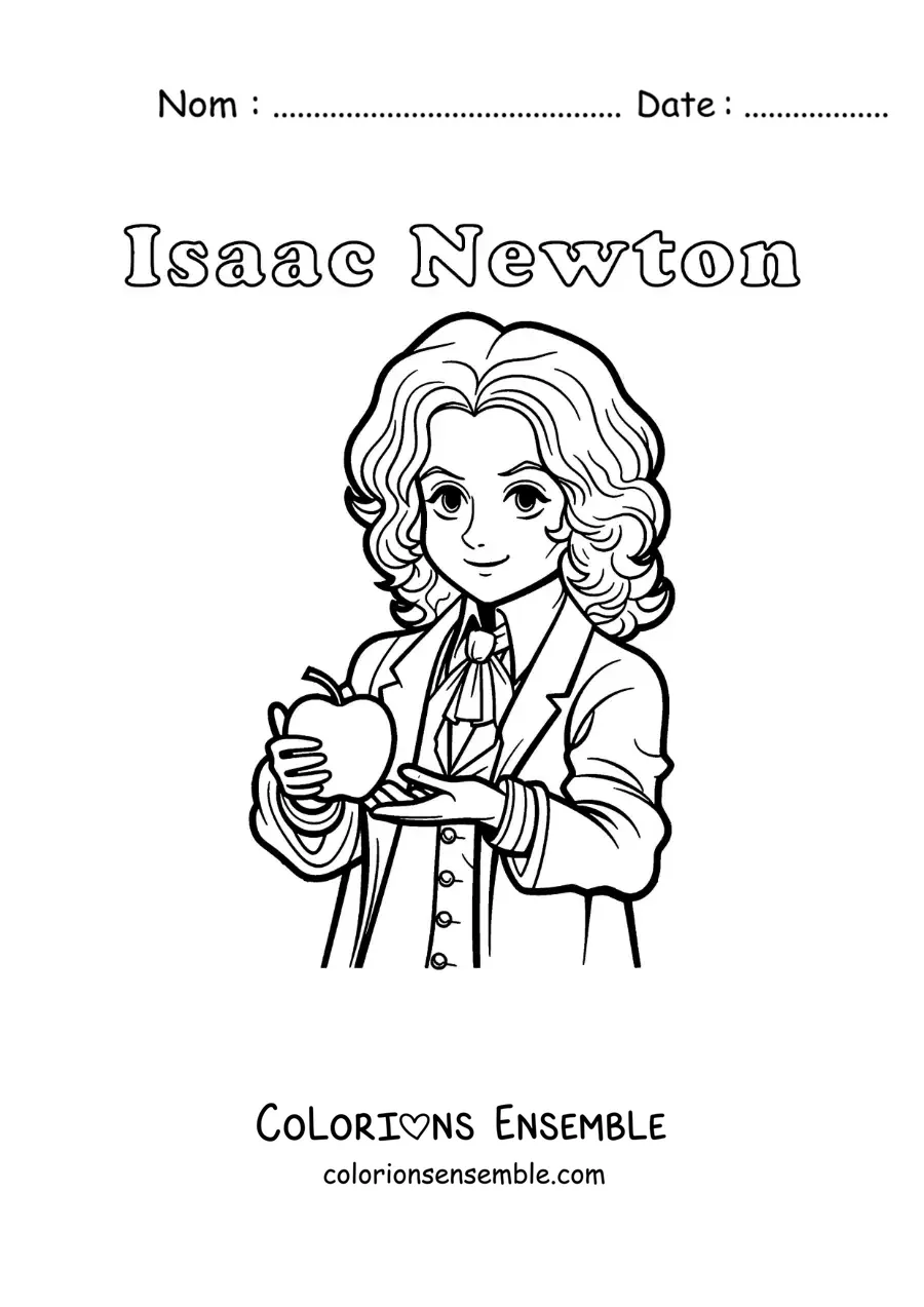 Image à colorier d'Isaac Newton en dessin animé, avec une pomme et avec son nom