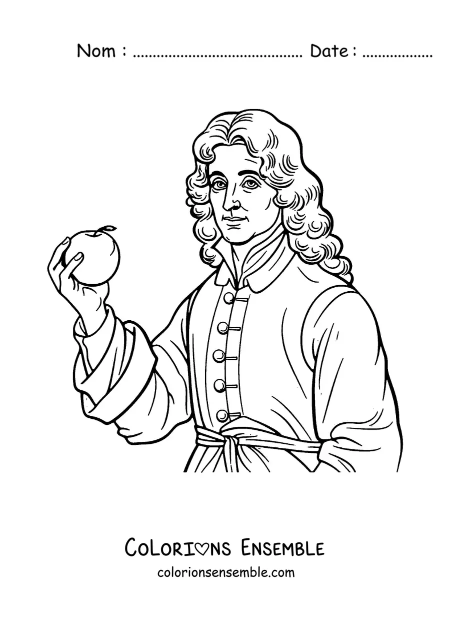 Coloriage d'un portrait facile d'Isaac Newton avec une pomme