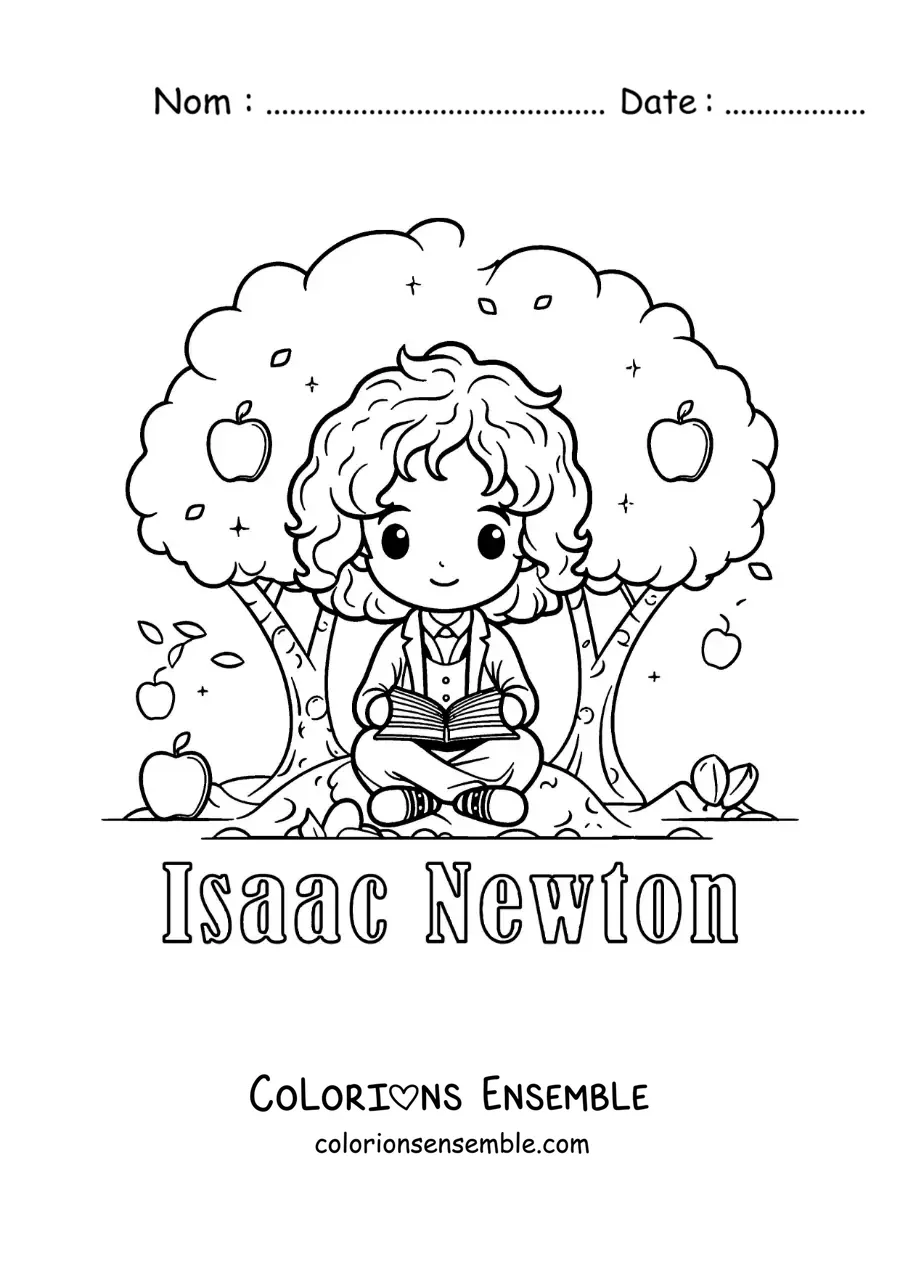Image à colorier d'Isaac Newton kawaii, lisant sous un pommier