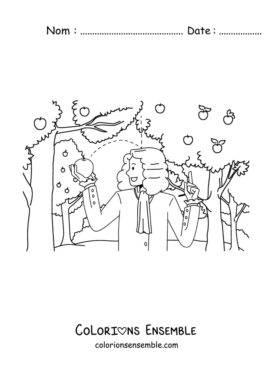 Image à colorier d'Isaac Newton avec une pomme qui tombe sur sa tête