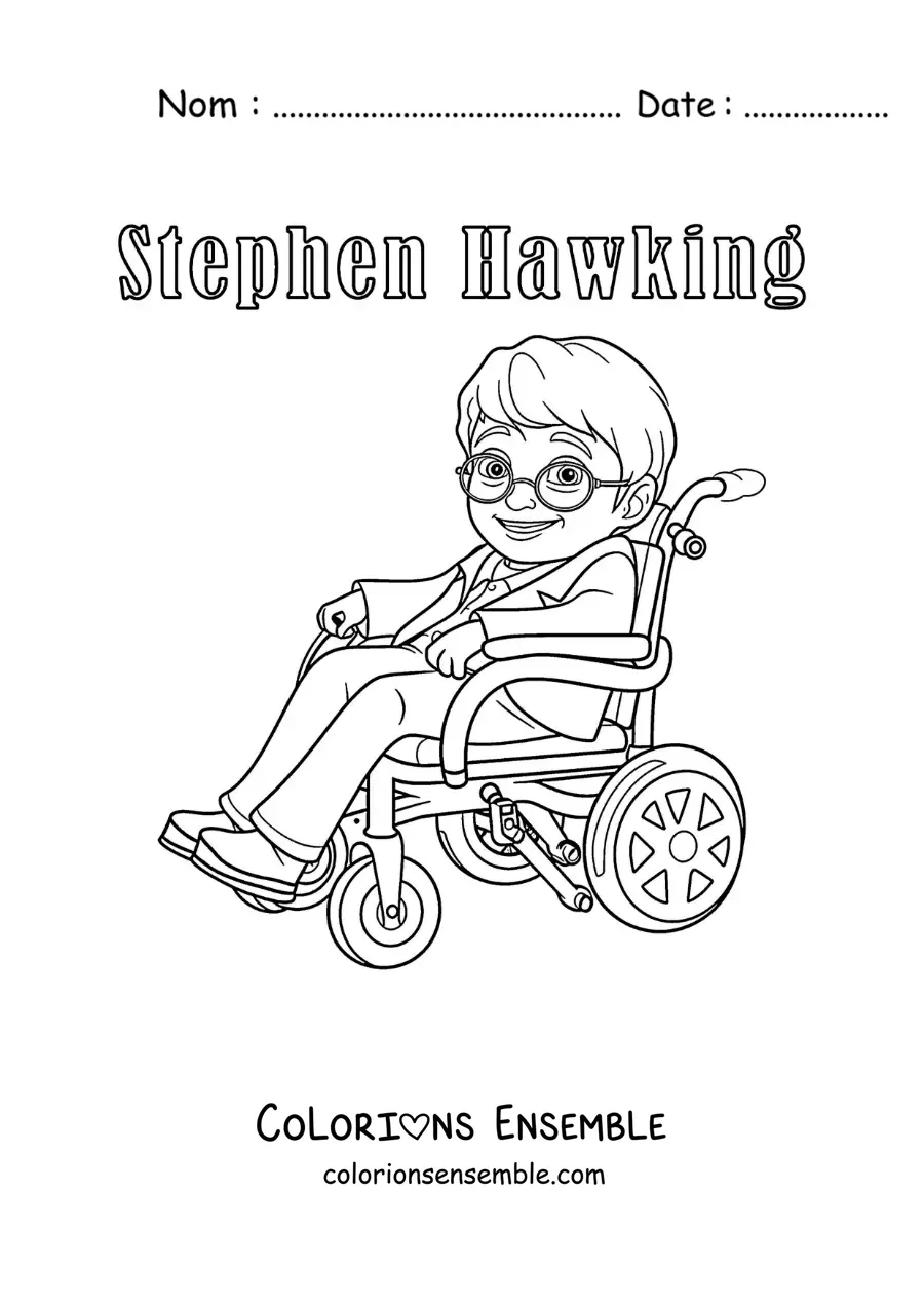 Image à colorier de Stephen Hawking en dessin animé, avec son nom