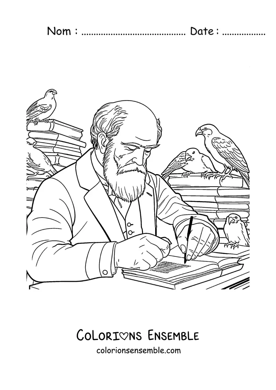 Image à colorier de Charles Darwin écrivant à un bureau