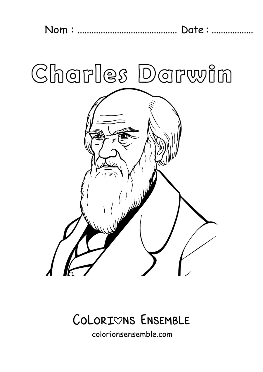 Image à colorier d'un portrait facile de Charles Darwin avec son nom