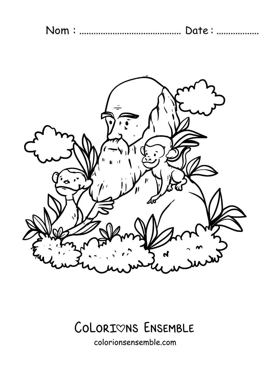 Image à colorier de Charles Darwin en dessin animé, étudiant les singes