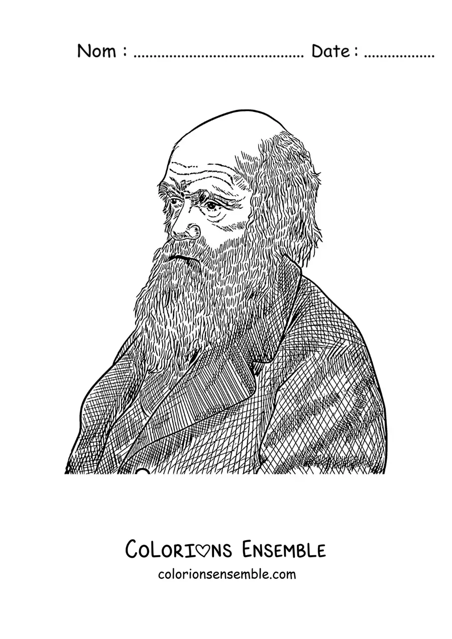 Image à colorier d'un portrait au crayon de Charles Darwin