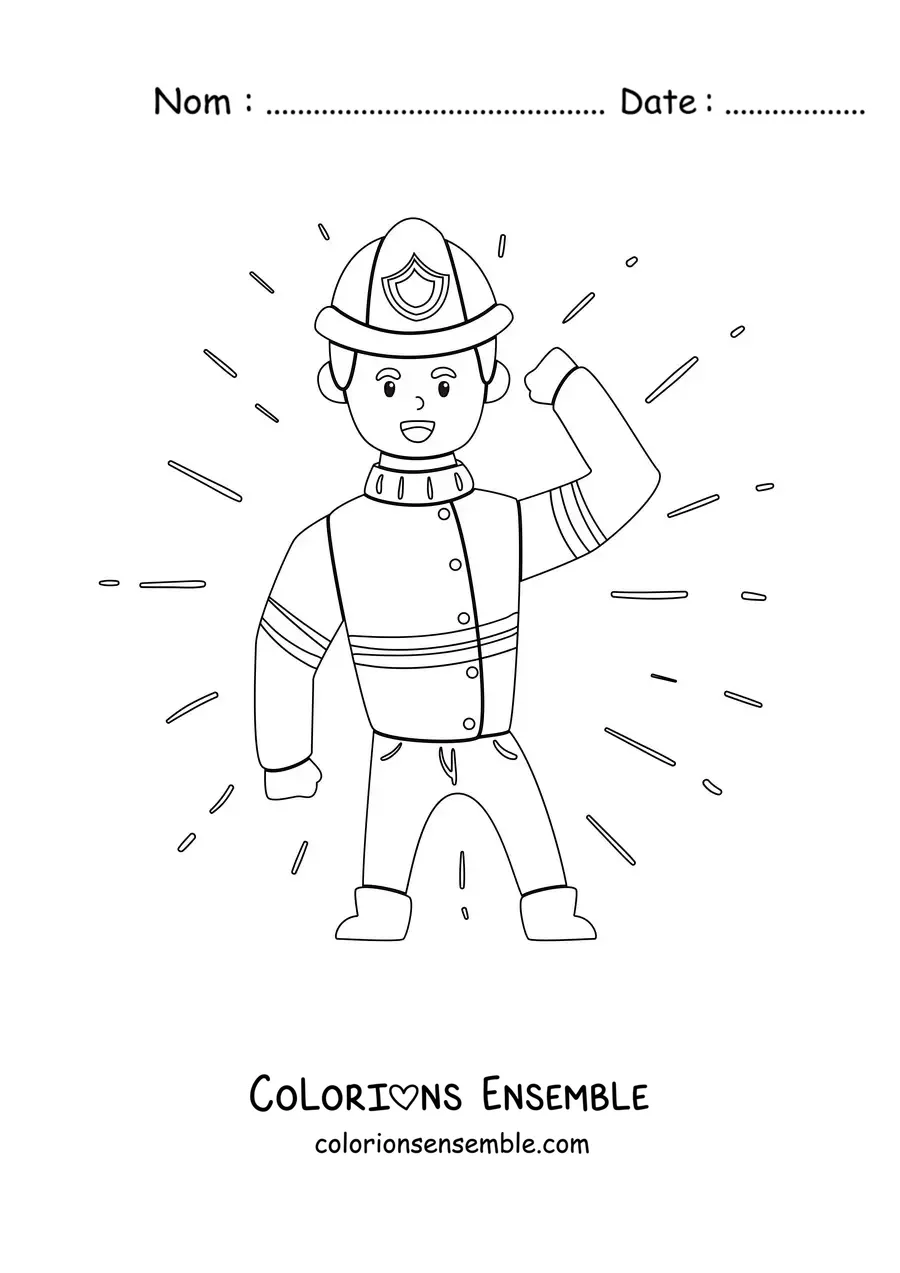 Image à colorier d’un pompier en dessin animé saluant et tenant son casque