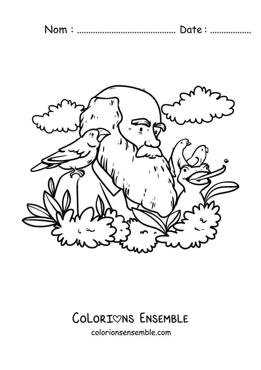 Image à colorier de Charles Darwin en dessin animé, étudiant les oiseaux