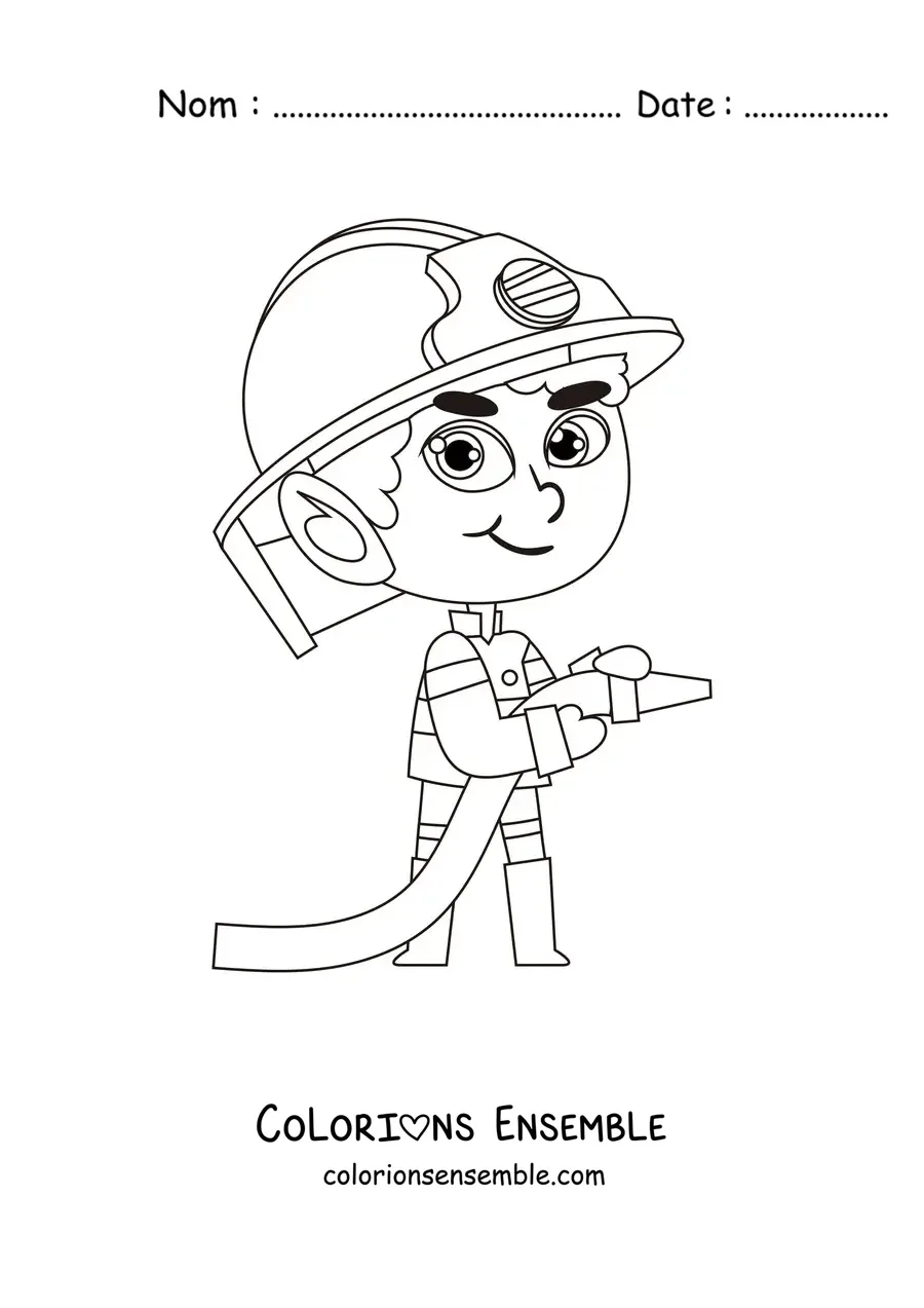 Image à colorier d'un pompier kawaii avec un tuyau d'arrosage