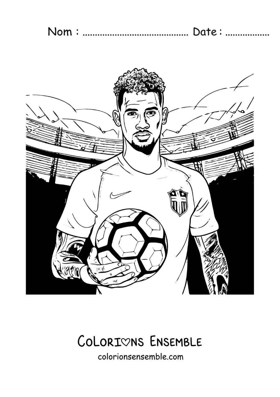 Image à colorier de Neymar dans un stade de football tenant un ballon