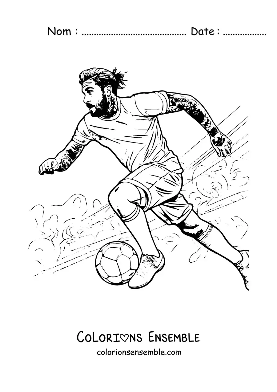 Image à colorier de Sergio Ramos version dessin animé en train de jouer au football