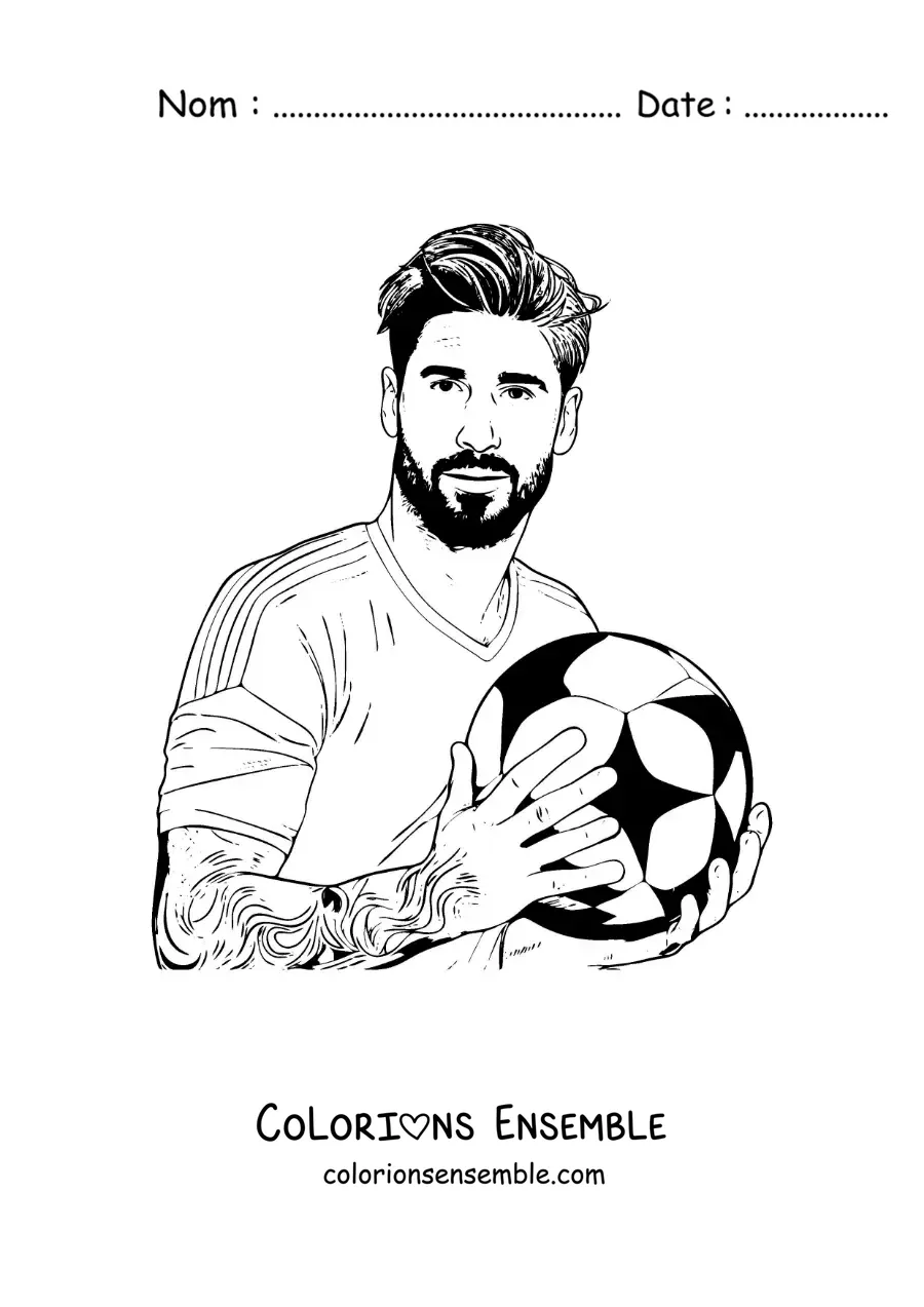Image à colorier de Sergio Ramos version dessin animé avec un ballon de football