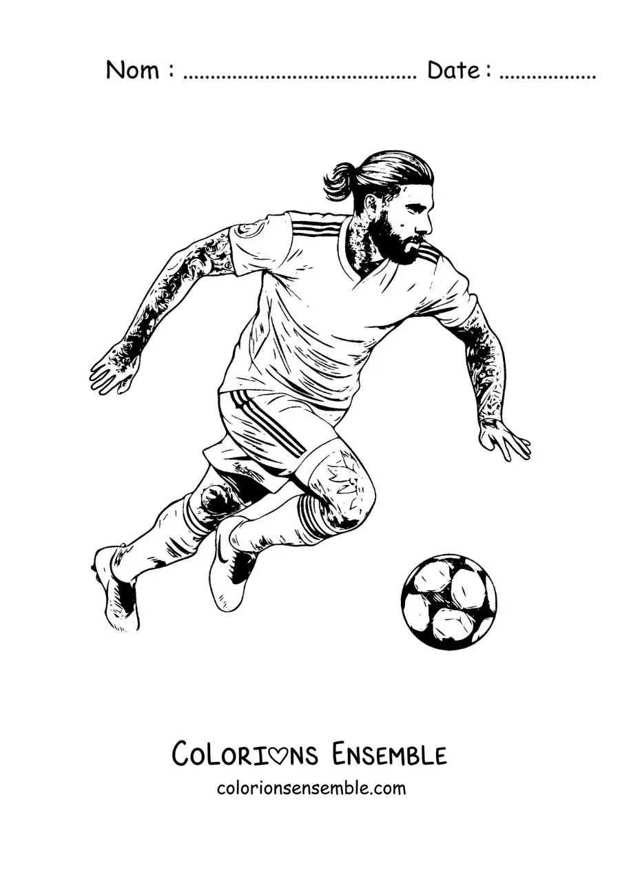 Image à colorier de Sergio Ramos avec ses tatouages en train de jouer au football
