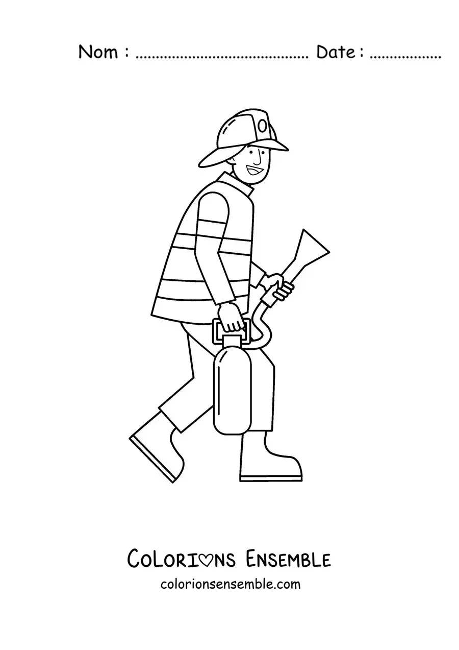 Image à colorier d'un pompier animé avec un extincteur