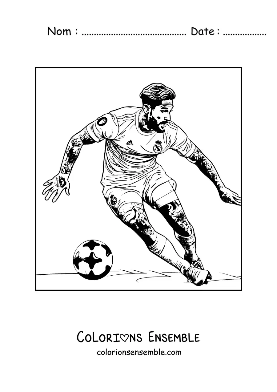 Image à colorier de Sergio Ramos aux cheveux longs en train de jouer au football